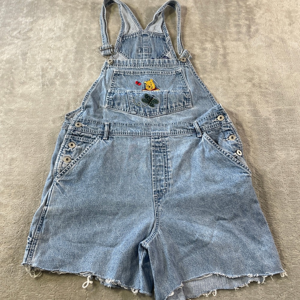 Vintage Pooh Disney Overall Shorts Shortalls Womens Large Cut Off Denim 90s